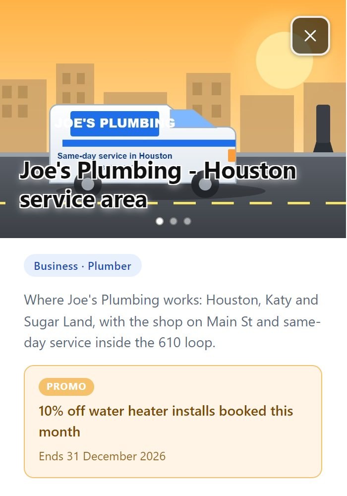 The listing column on a public Scribble Maps page: photos at the top, the listing type, a promo card, and the location with Google Maps, Apple Maps and MapQuest links.